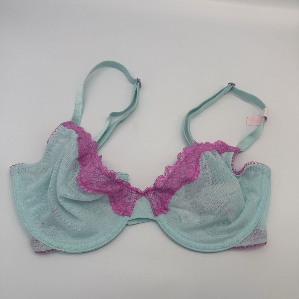 Victoria’s Secret Tease Unlined Demi Bra Aqua Mint Sheer Mesh Pink Lace 32DD NWT
